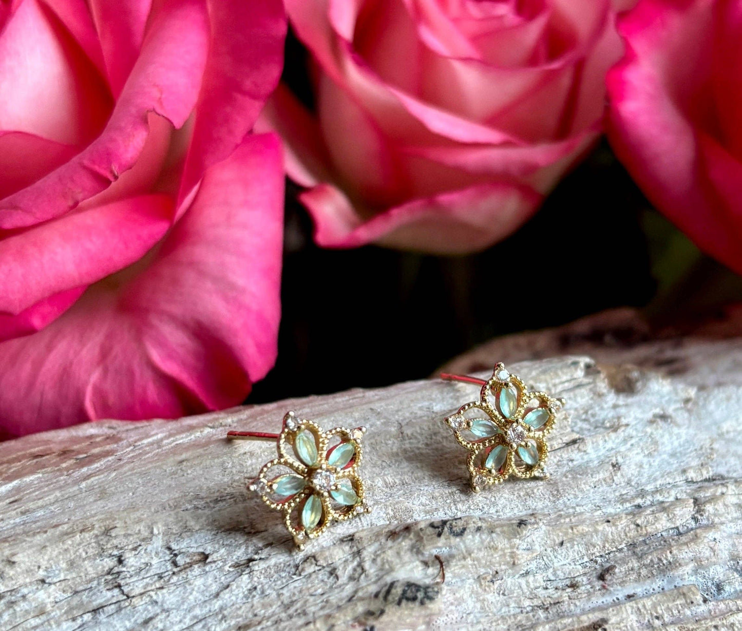 14ct Gold Plated Cubic Zirconia Green Petal Flower Earrings OR56