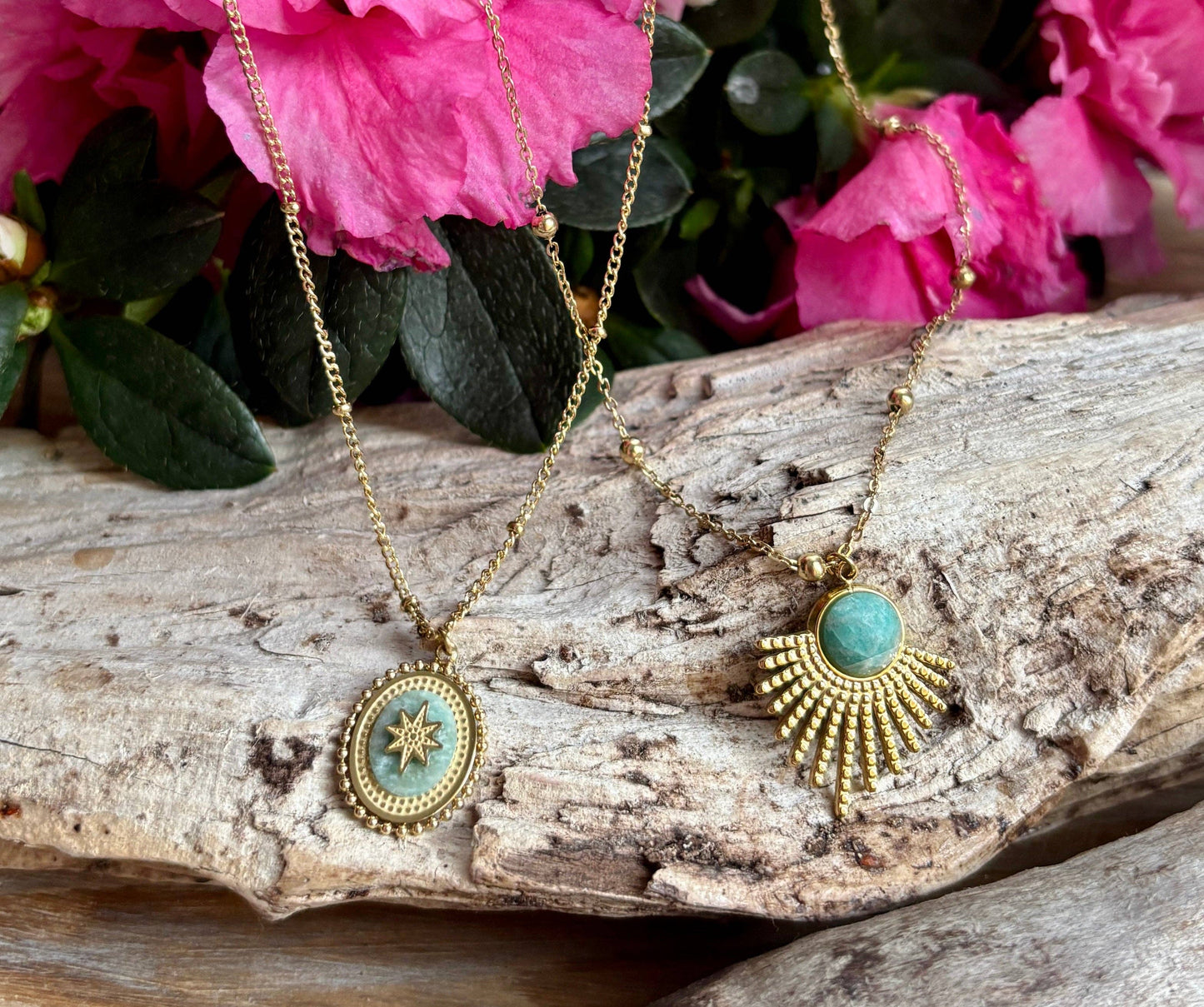 18ct Gold Plated Amazonite Feather Pendant Necklace OR54