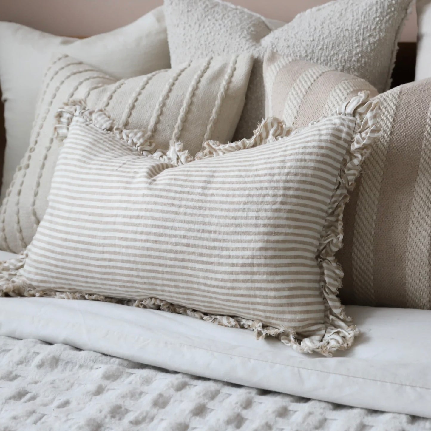 Hattie Light Brown Stripe Ruffle Edge Linen Cushion