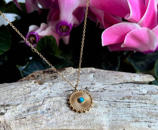 18ct Gold Plated Turquoise Sun Disc Pendant Necklace OR62