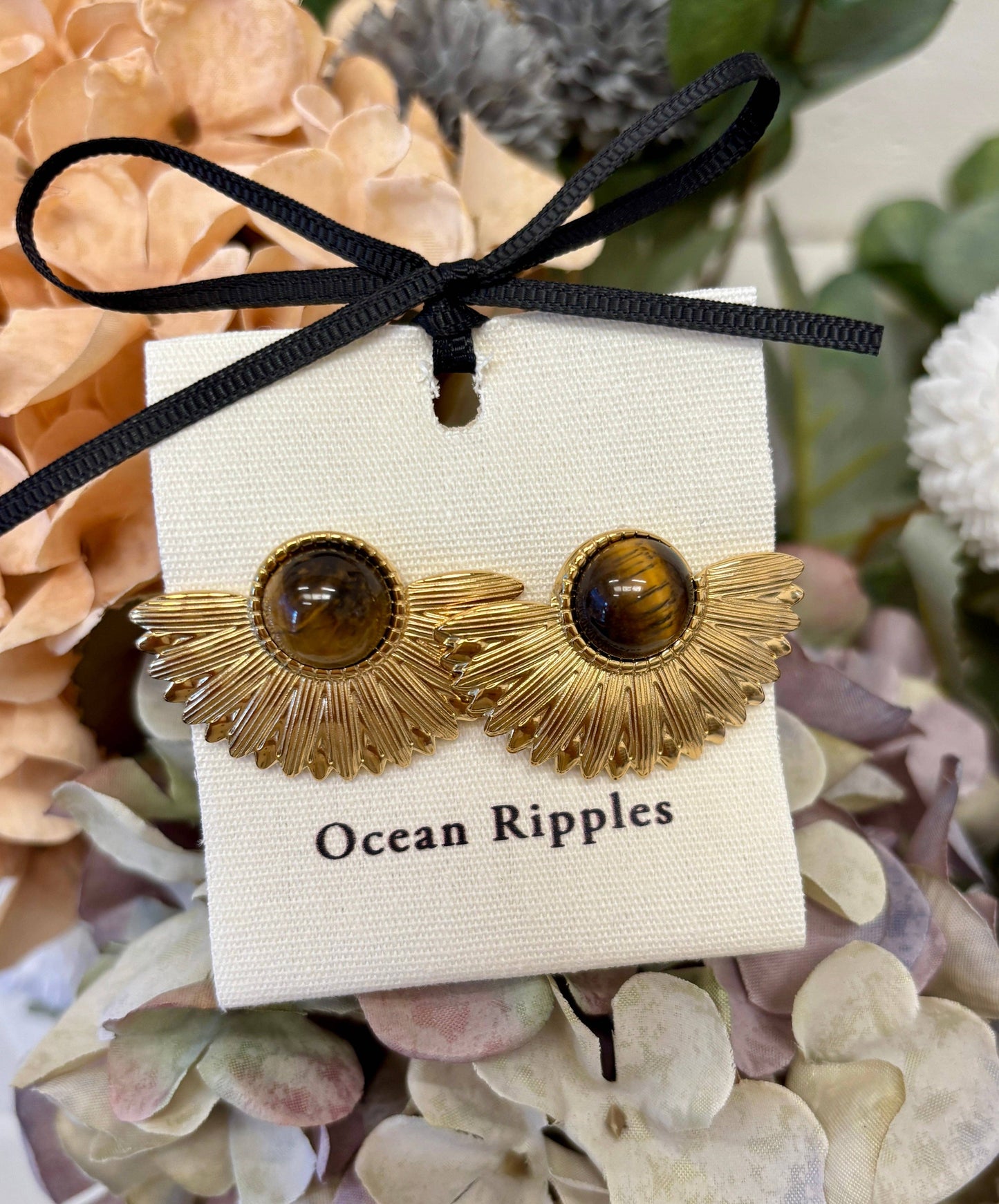 18ct Gold Plated Tiger's Eye Sunflower Earrings,OR41