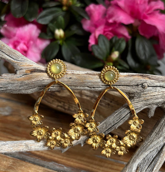 18ct Gold Plated Green Aventurine Flower Hoop Earrings  OR14