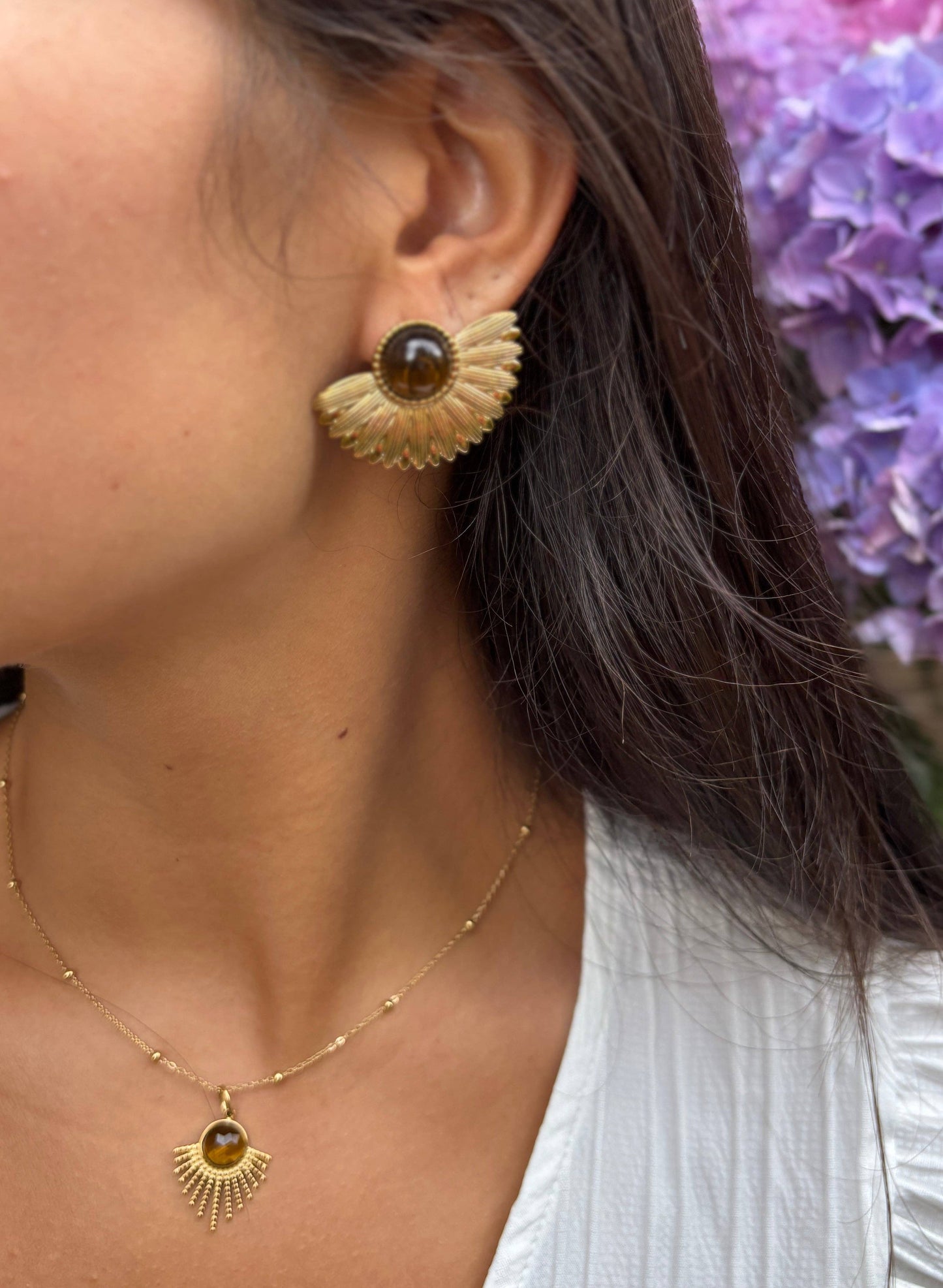 18ct Gold Plated Tiger's Eye Sunflower Earrings,OR41