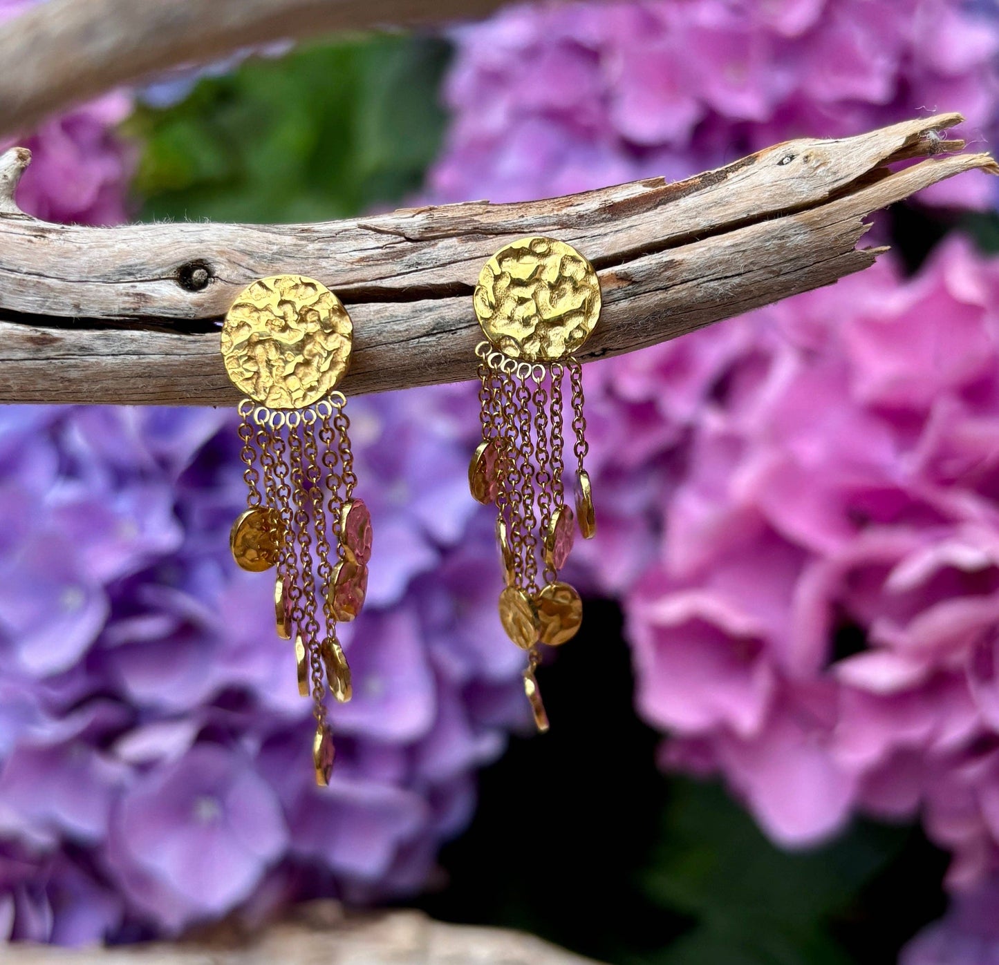 18ct Gold Plated Hammered Discs Dangle Earrings OR16