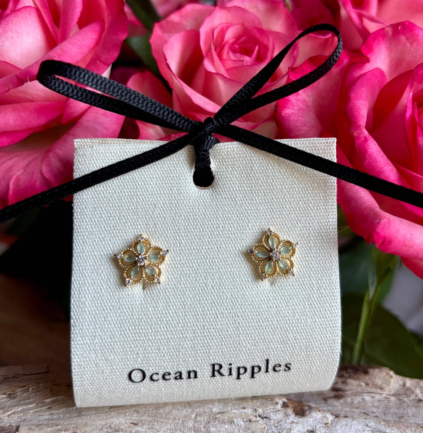 14ct Gold Plated Cubic Zirconia Green Petal Flower Earrings OR56