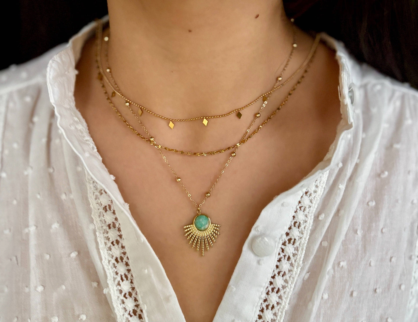18ct Gold Plated Amazonite Feather Pendant Necklace OR54