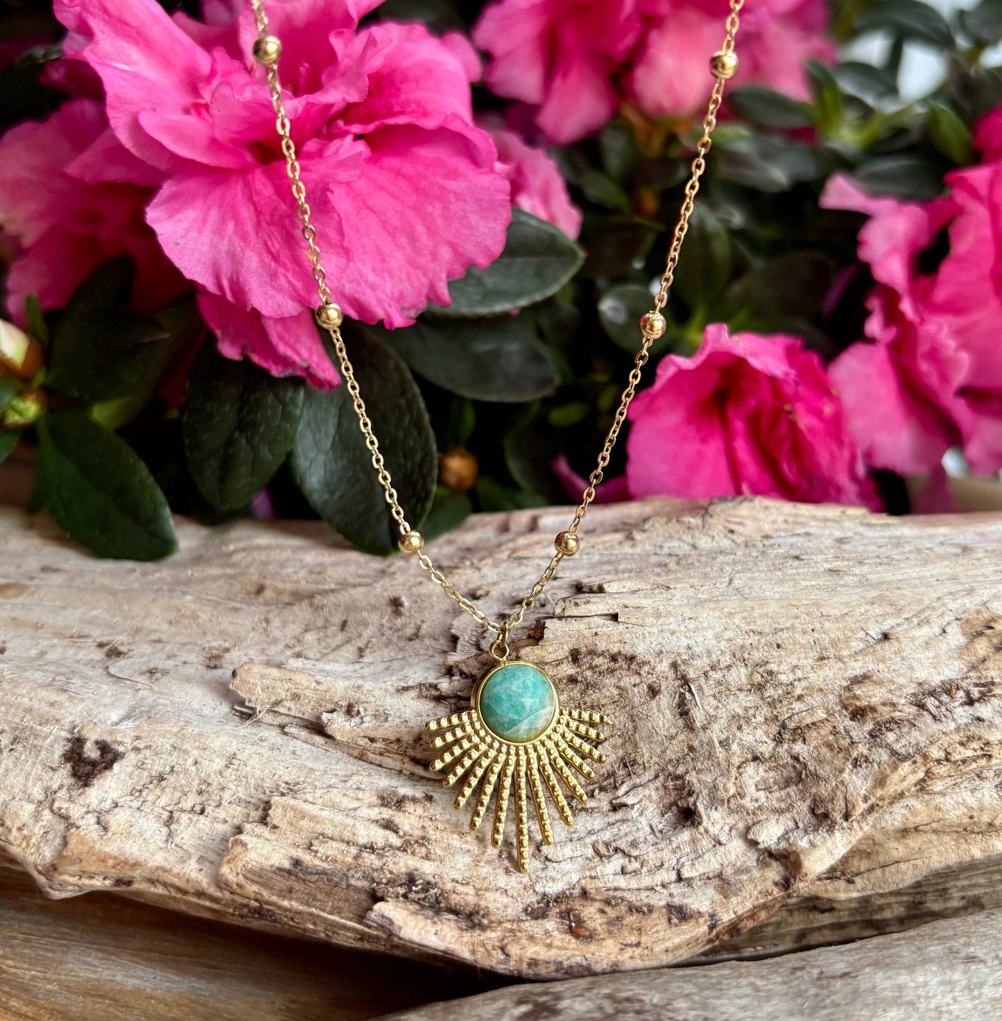 18ct Gold Plated Amazonite Feather Pendant Necklace OR54