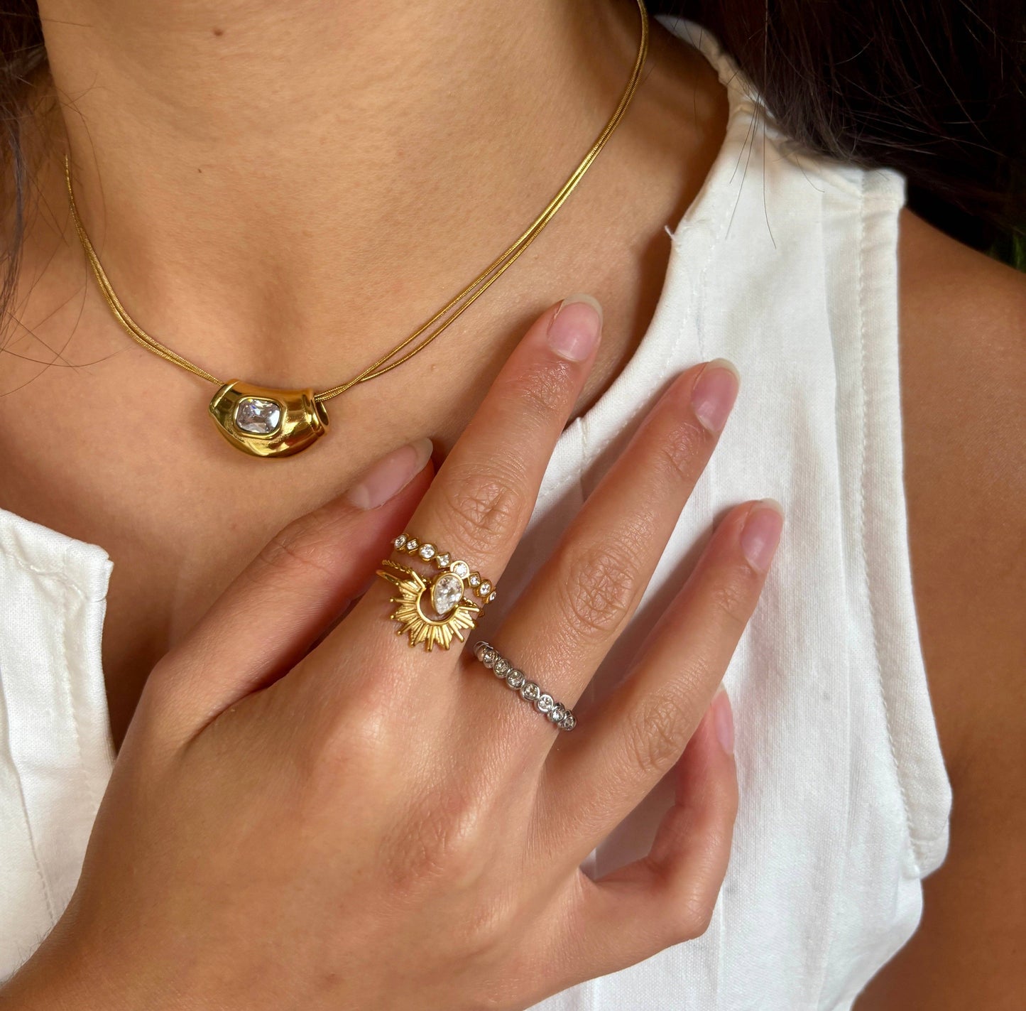 18ct Gold Plated Cubic Zirconia Sun & Drop Stacking Ring Set OR32