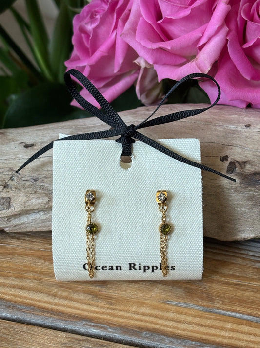 18ct Gold Plated Cubic Zirconia Stud Chain Earrings OR17