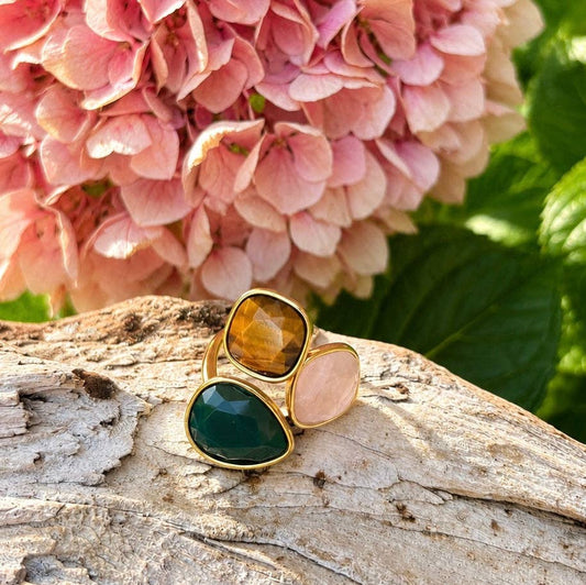 18ct Gold Plated Trio Gemstone Statement Ring. OR93