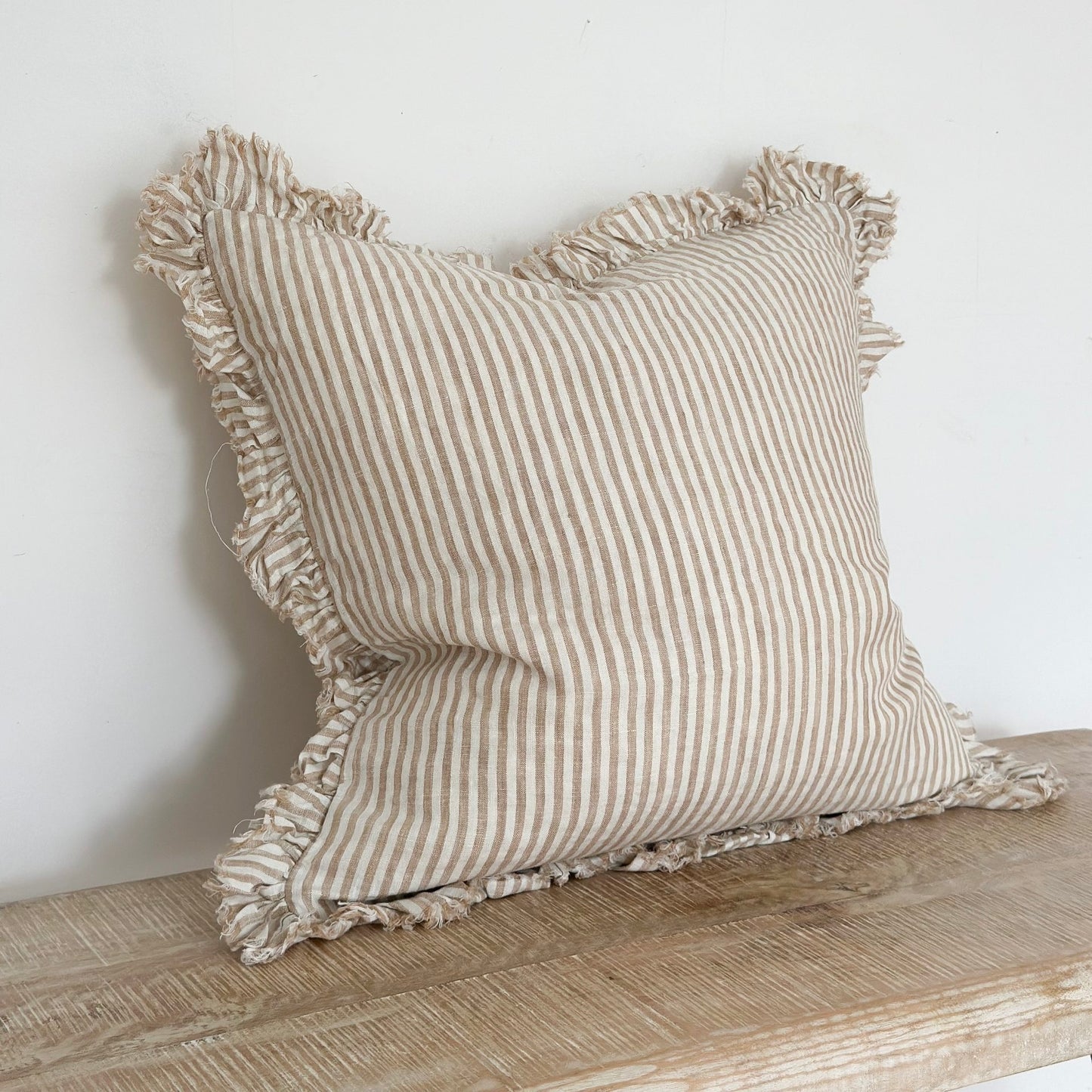 Hattie Light Brown Stripe Ruffle Edge Linen Cushion