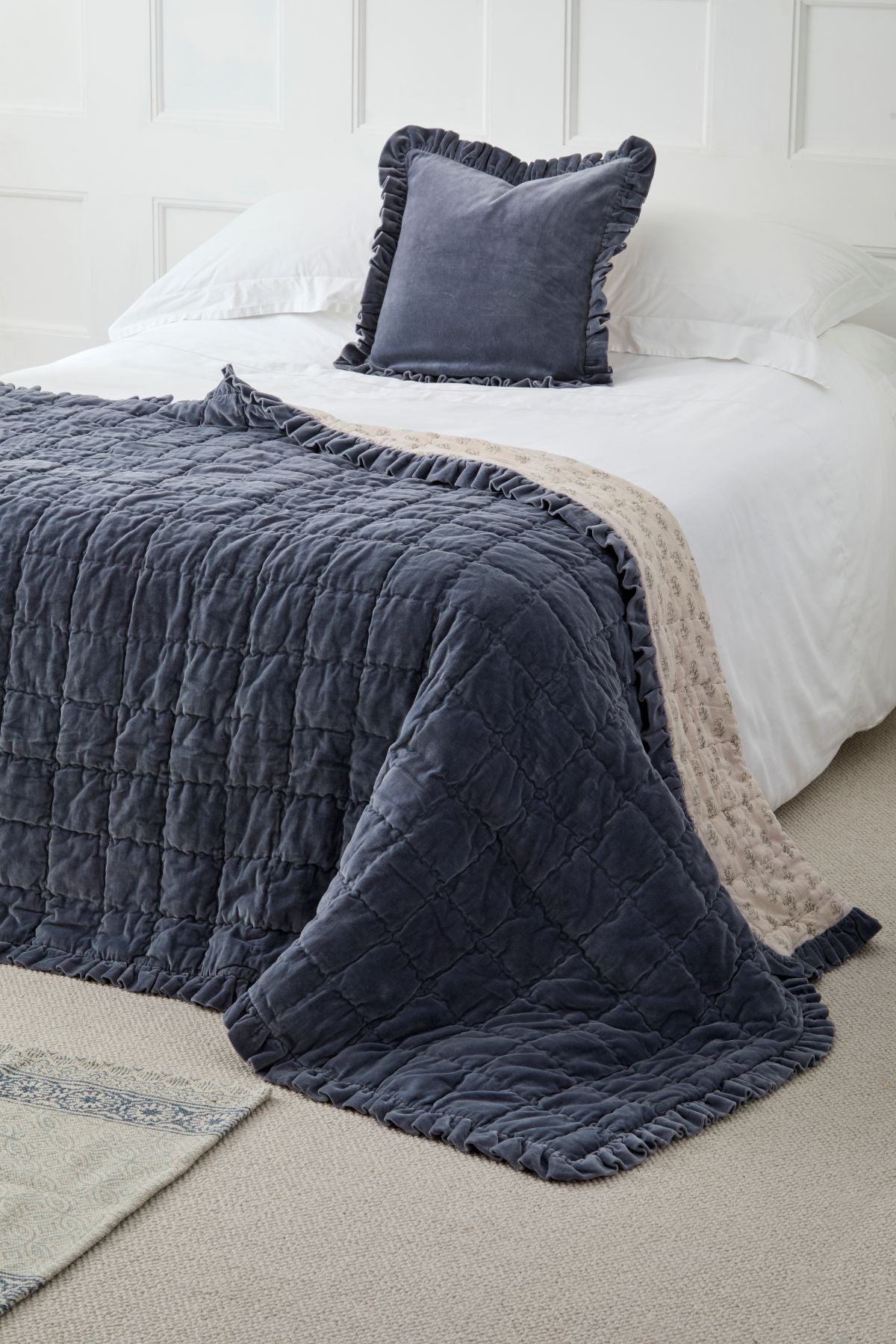 Matilda Velvet Ruffle Cushion in Slate Blue