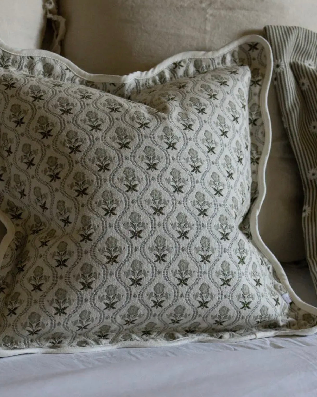 Chloe Sage Print Scalloped Edge Cushion Cover