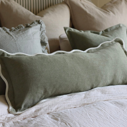 Chloe Sage Bolster Scalloped Edge Cushion 80x30