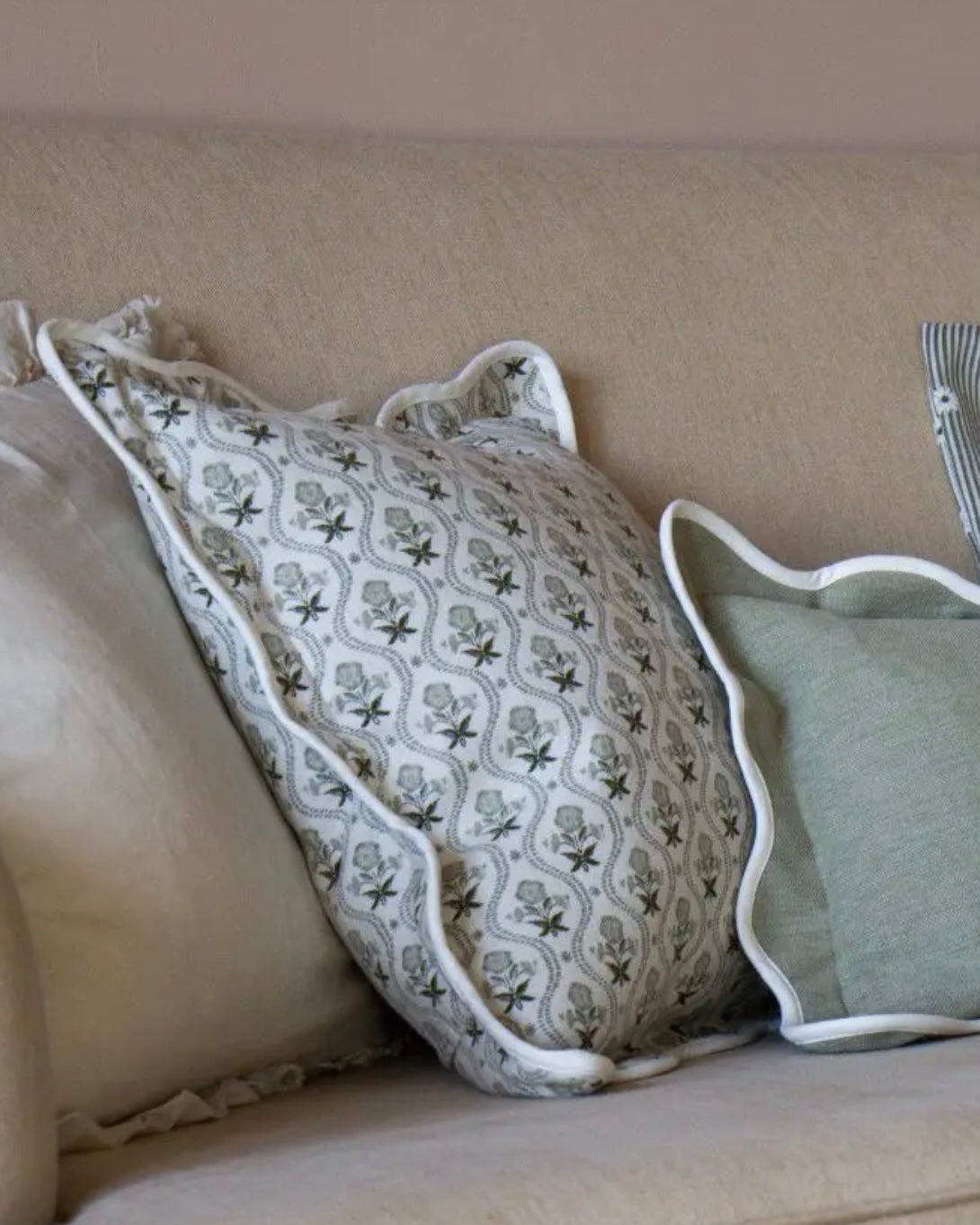 Chloe Sage Print Scalloped Edge Cushion Cover