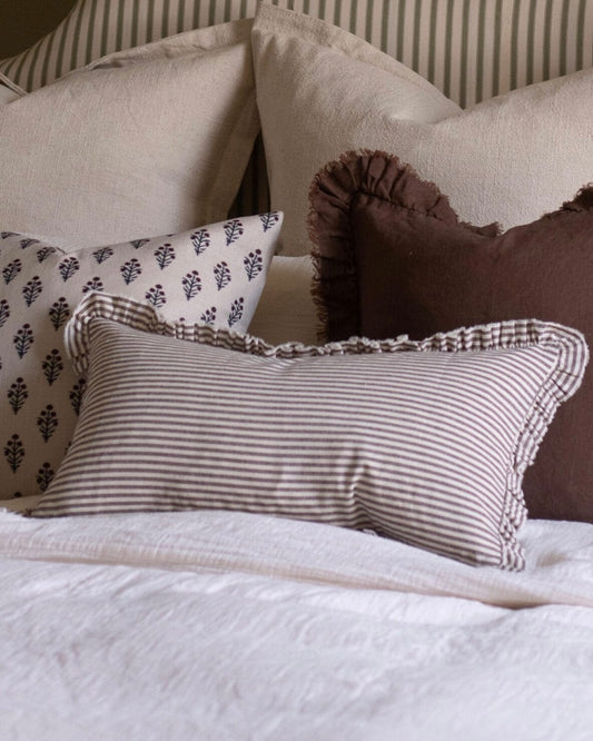 Darcy Dark Brown Stripe Ruffle Cotton Cushion 50x30