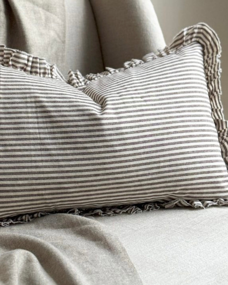 Darcy Dark Brown Stripe Ruffle Cotton Cushion 50x30
