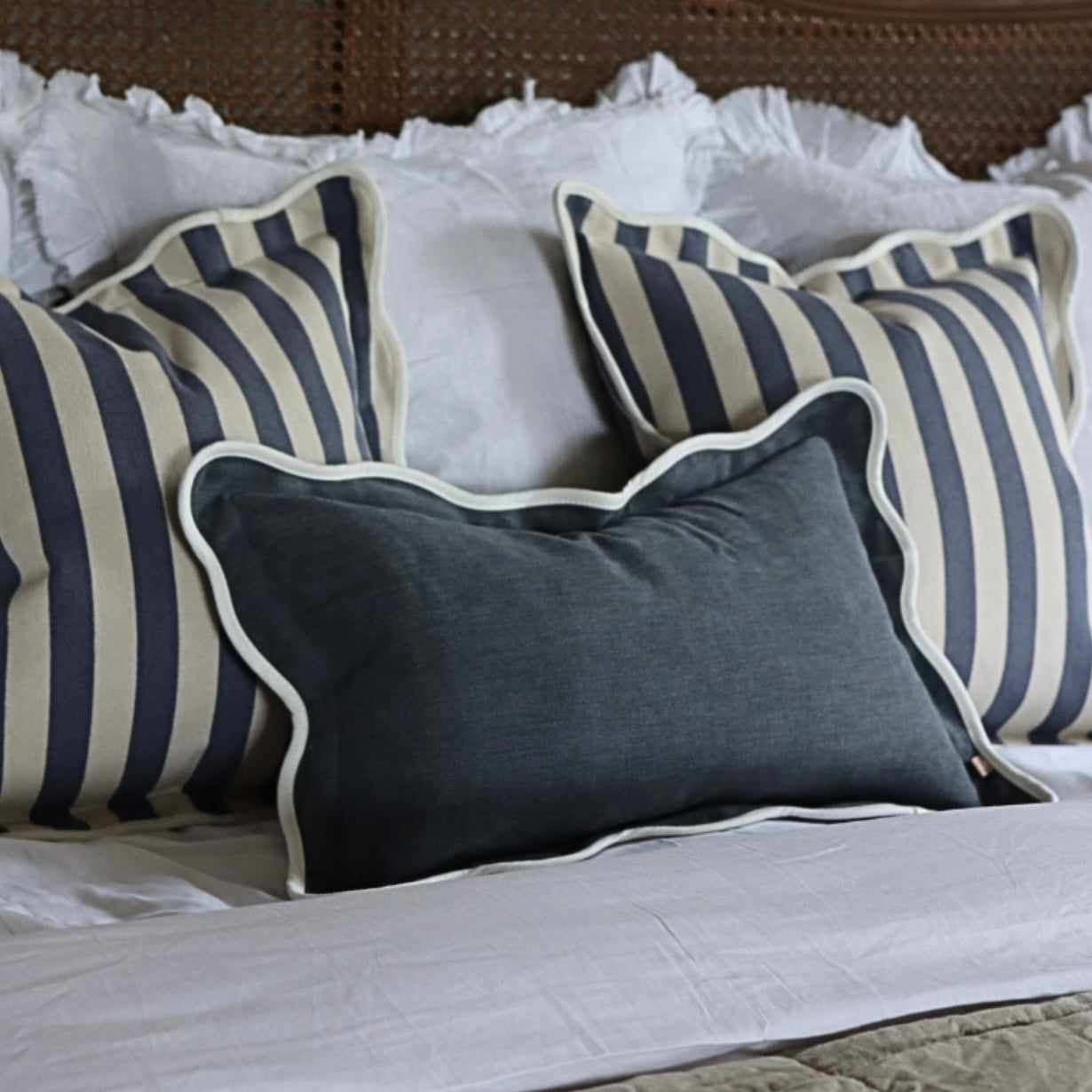 Chloe Navy Scalloped Edge Cushion 50x30