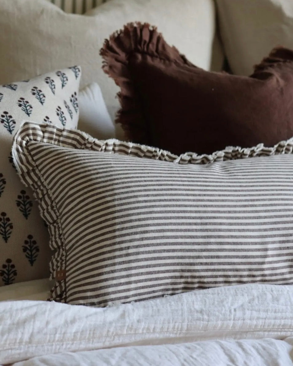 Darcy Dark Brown Stripe Ruffle Cotton Cushion 50x30