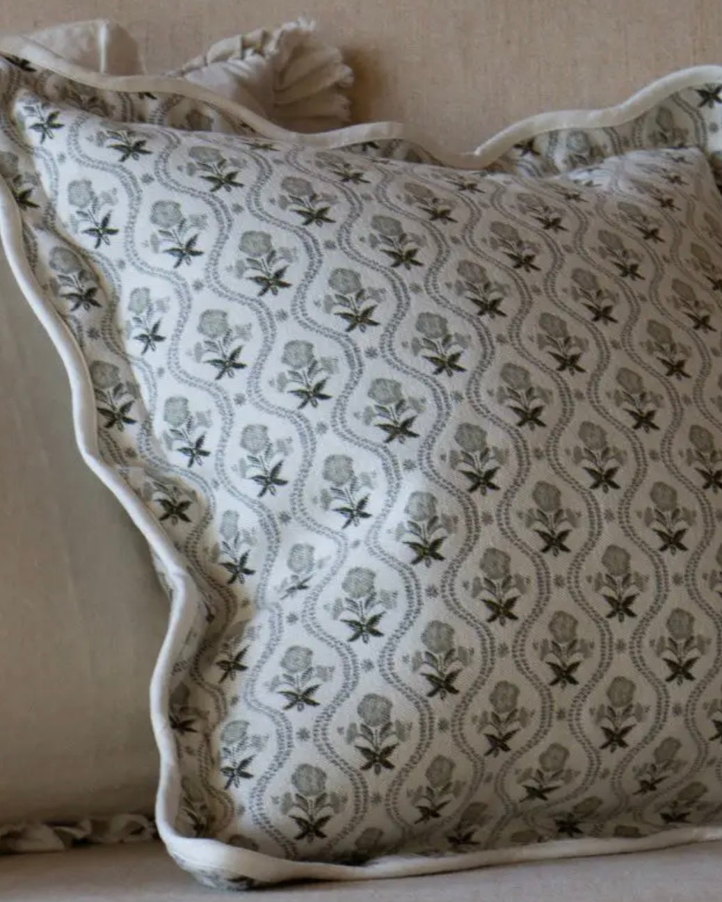 Chloe Sage Print Scalloped Edge Cushion Cover