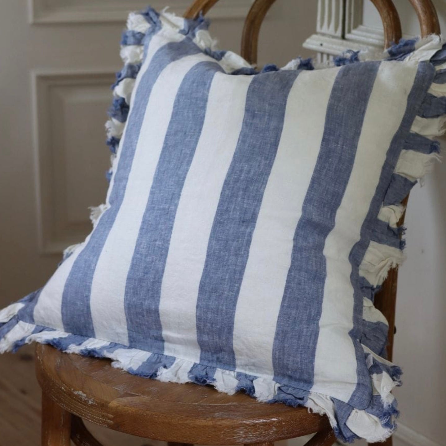 Hallie Ruffled Linen Cushion – Blue Wide Stripe: 45 x 45 cm