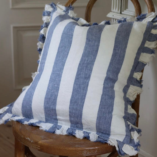Hallie Ruffled Linen Cushion – Blue Wide Stripe: 45 x 45 cm