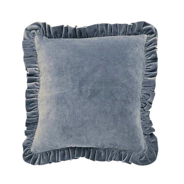 Matilda Velvet Ruffle Cushion in Slate Blue