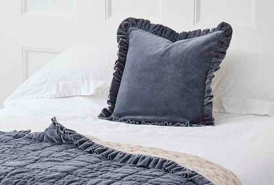 Matilda Velvet Ruffle Cushion in Slate Blue
