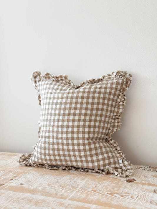 Hattie Ruffled Linen Cushion Light Brown Gingham 45 x 45 cm