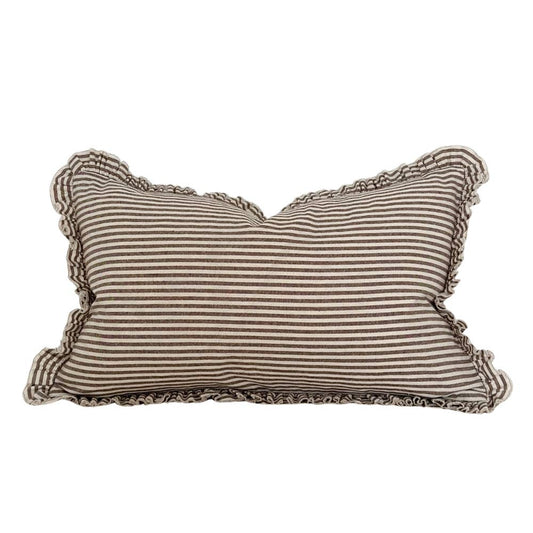 Darcy Dark Brown Stripe Ruffle Cotton Cushion 50x30