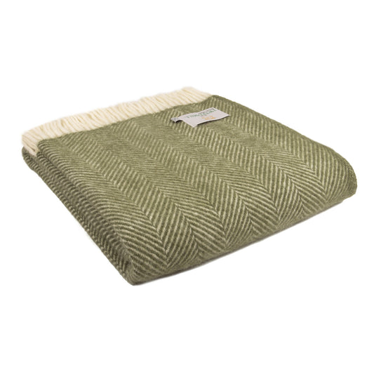 Olive Herringbone 100% Pure Wool Throw