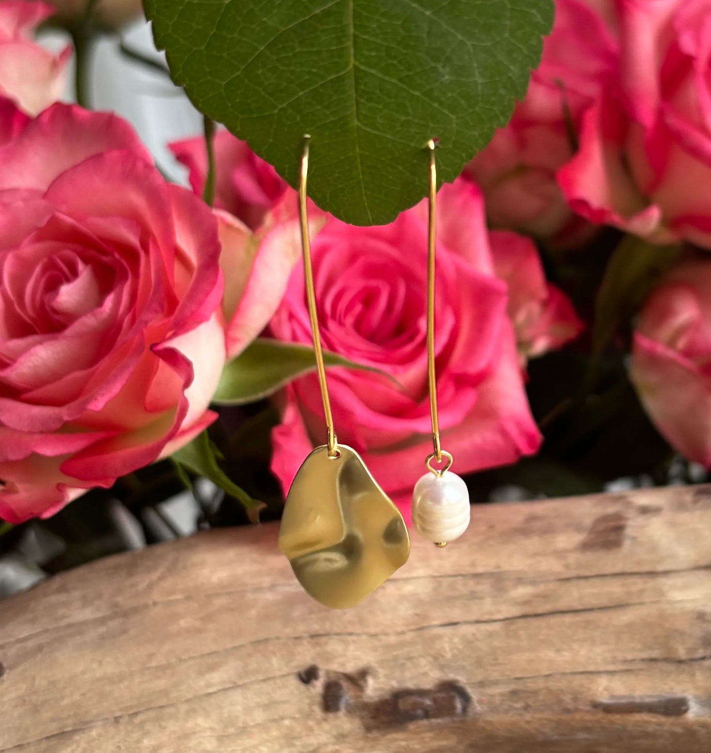 14ct Gold Plated Mismatched Pearl Leaf Earrings OR24