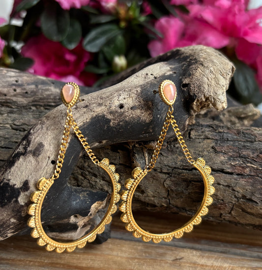 18ct Gold Plated Pink Cats Eye Lace Trim Earrings OR26