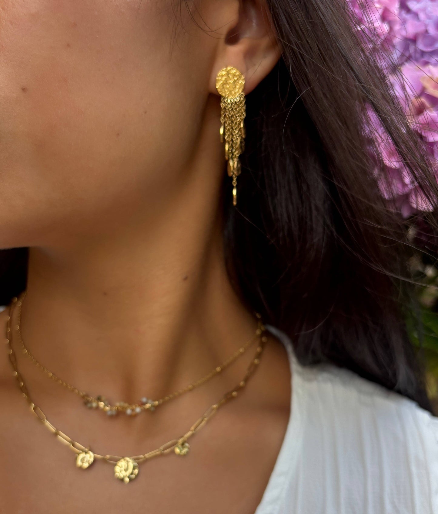 18ct Gold Plated Hammered Discs Dangle Earrings OR16