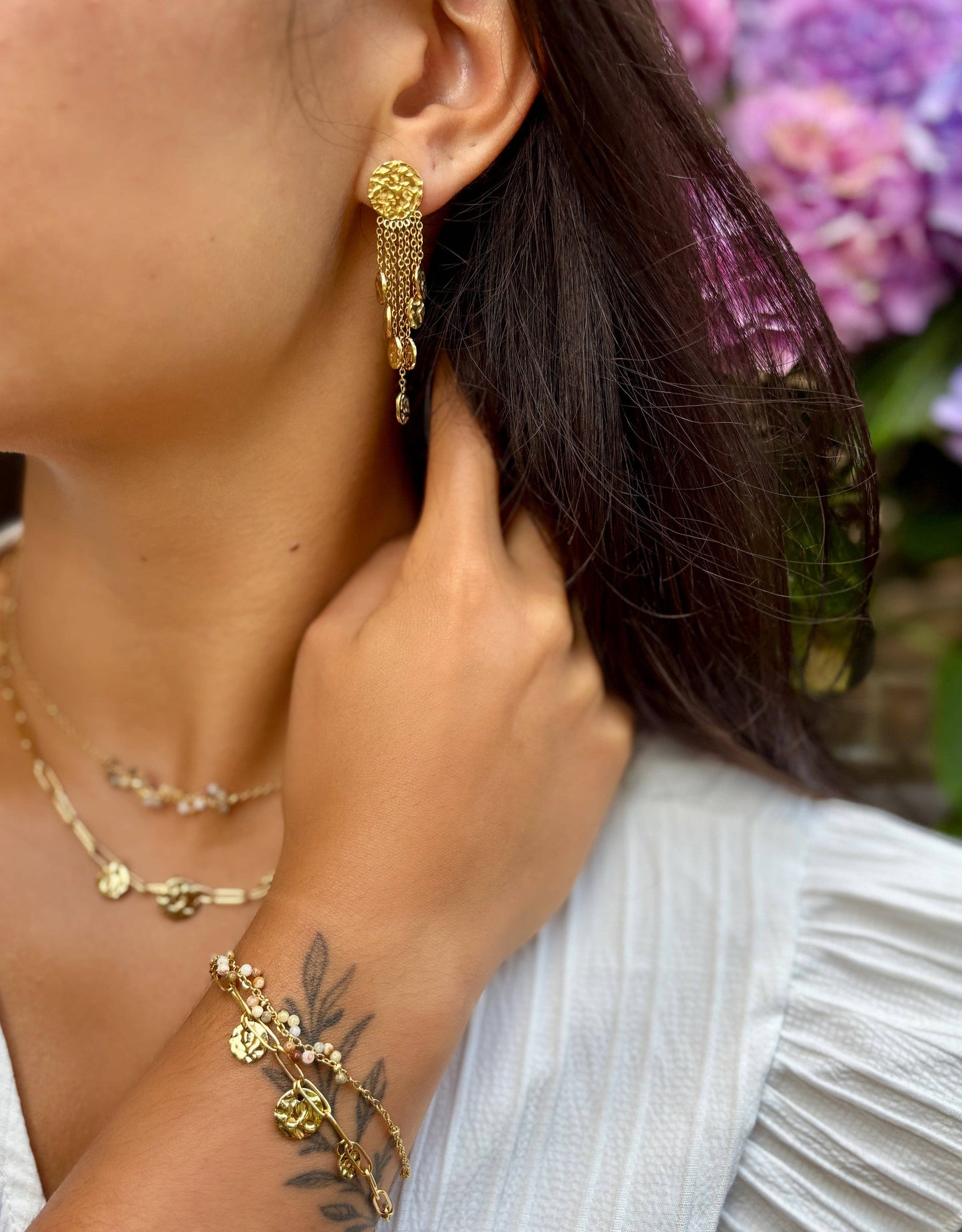 18ct Gold Plated Hammered Discs Dangle Earrings OR16