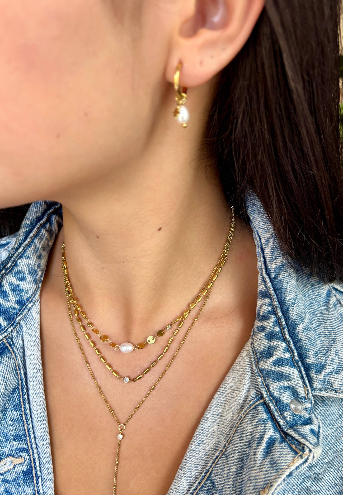 18ct Gold Plated Fresh Water Pearl Triple Chain Necklace OR33