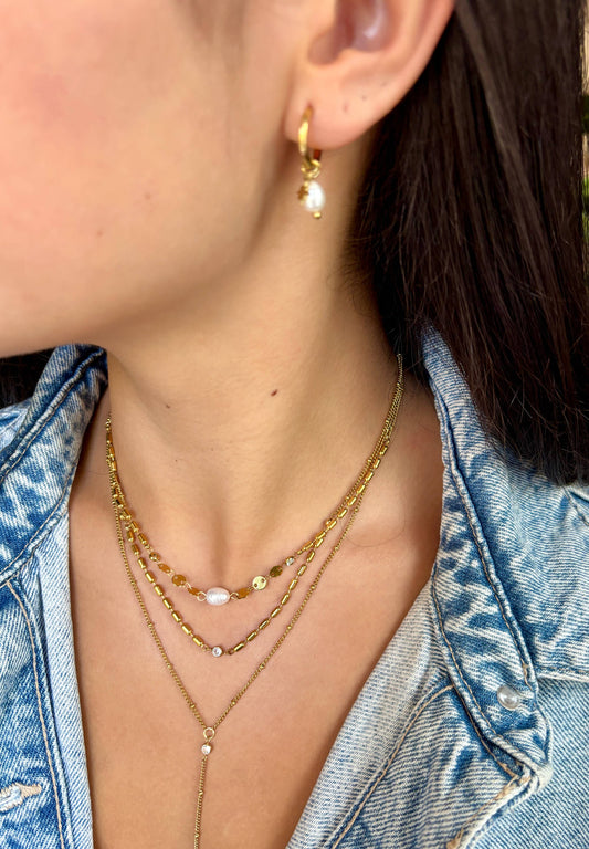 18ct Gold Plated Fresh Water Pearl Triple Chain Necklace OR33