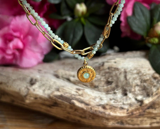 18ct Gold Plated Green Aventurine Gold Disc Bracelet  OR49