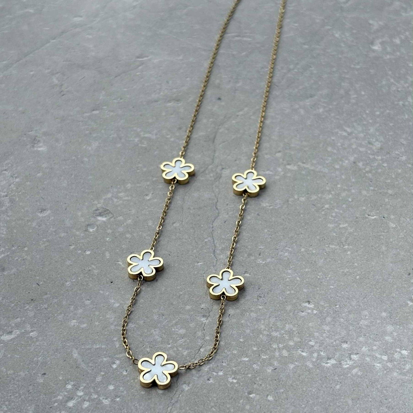 Tarnish Resistant Pearlescent Flower Necklace. FB13