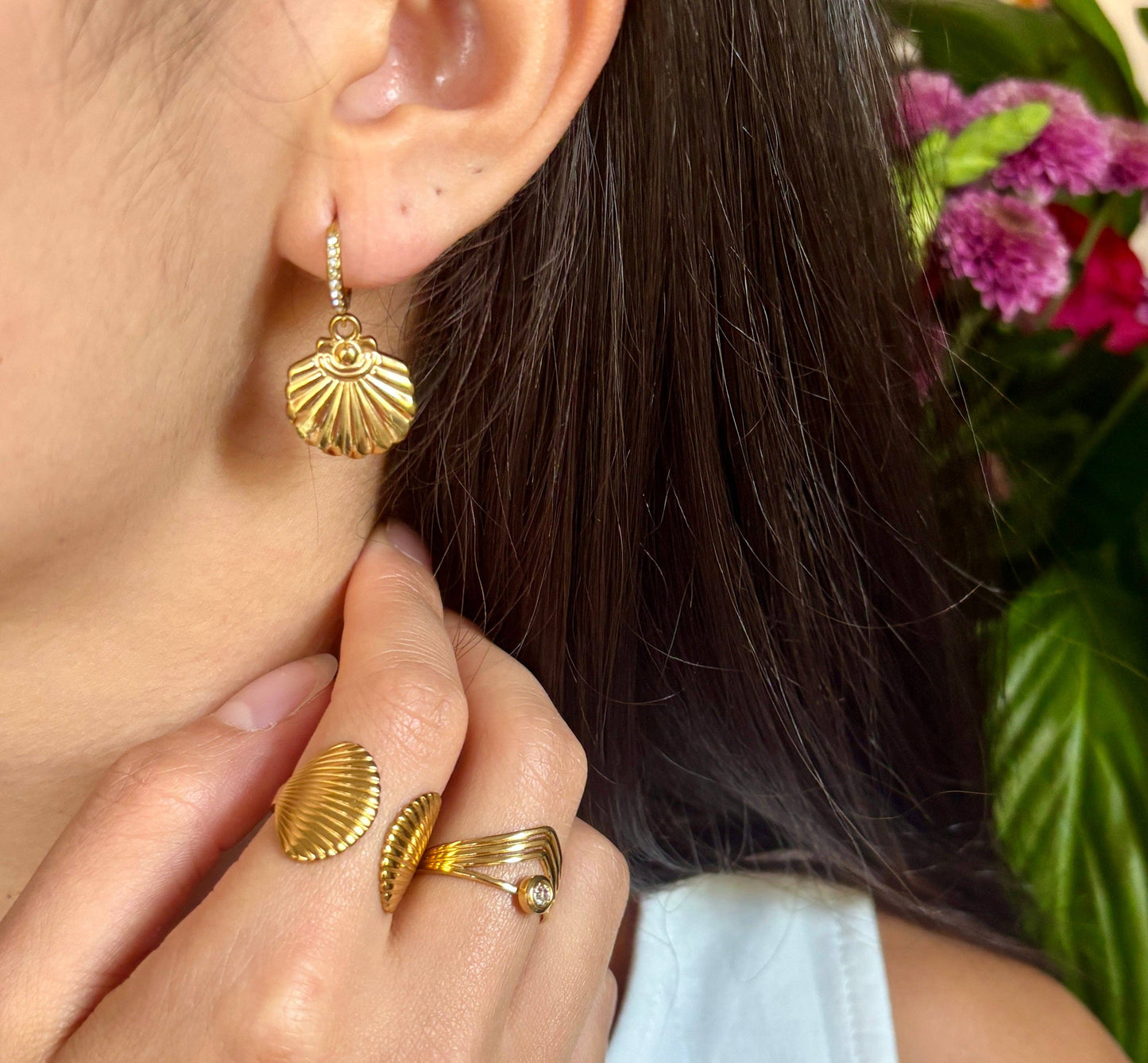 18ct Gold Plated Cubic Zirconia Shell Huggie Earrings OR11