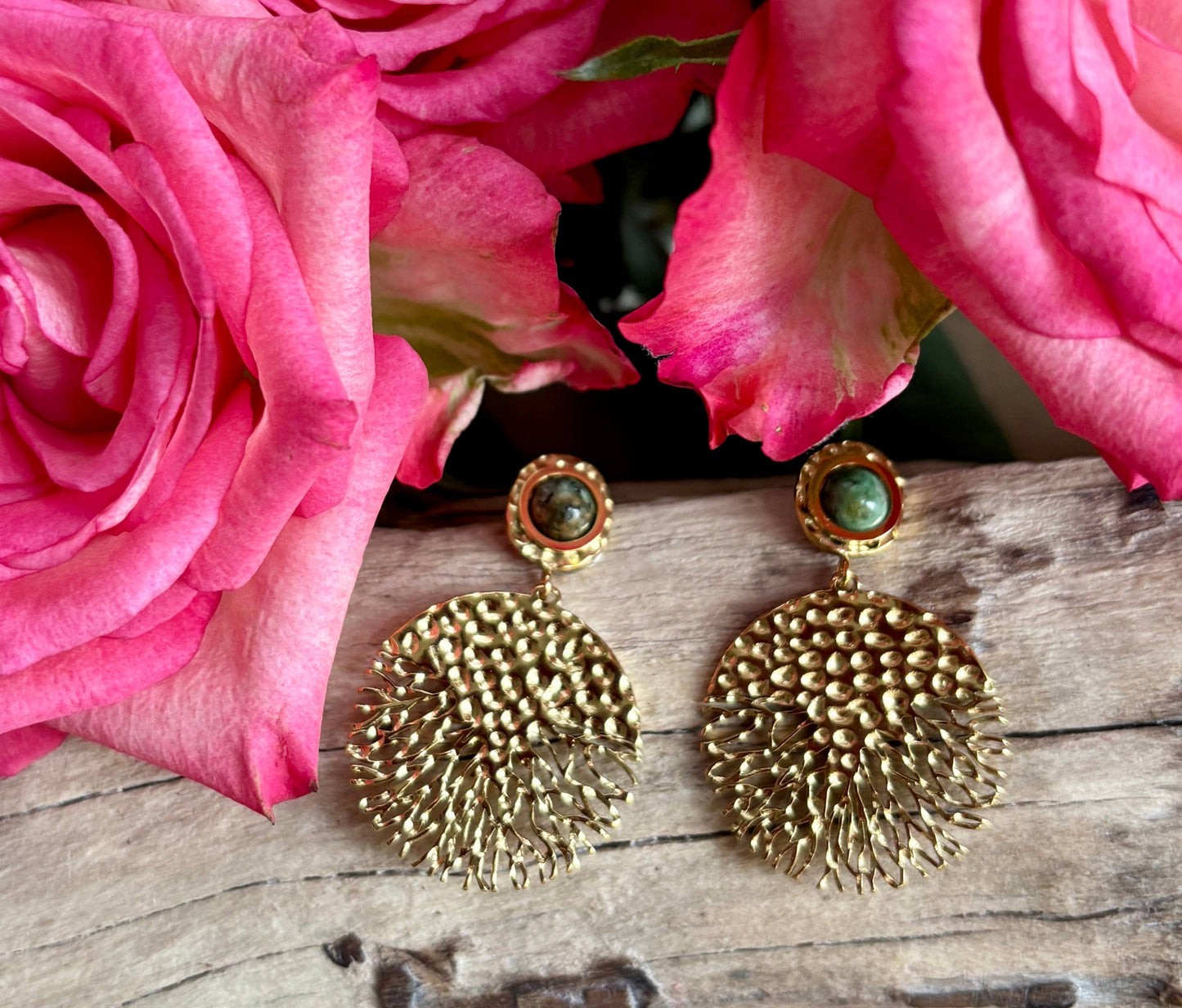 18ct Gold Plated African Turquoise Hammered Drop Earrings OR10