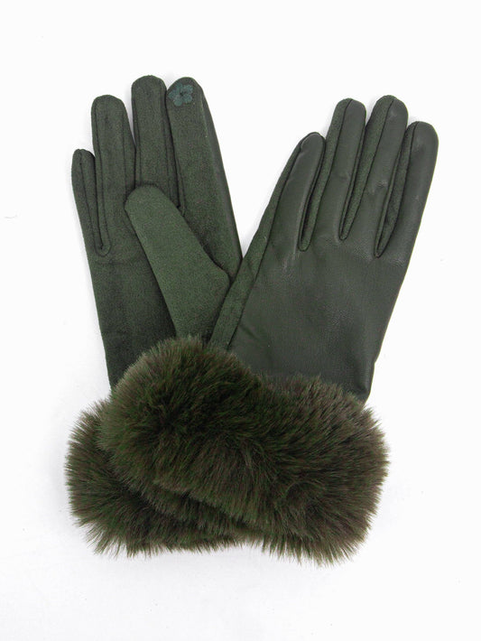 Maya Faux Fur Cuff Gloves - Khaki, PU: One-size
