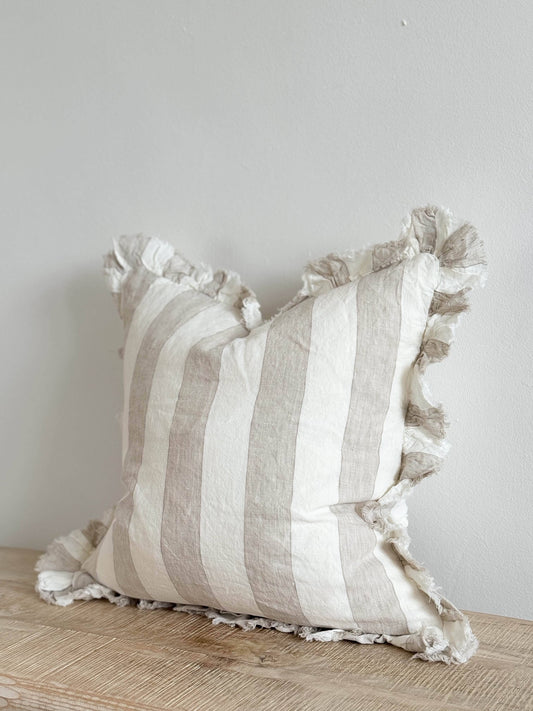 Hallie Ruffled Linen Cushion Cover – Beige & Cream Wide Stripe: 45 x 45 cm