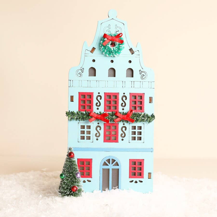 Battery Powered Wooden Blue LED House Light Decoration