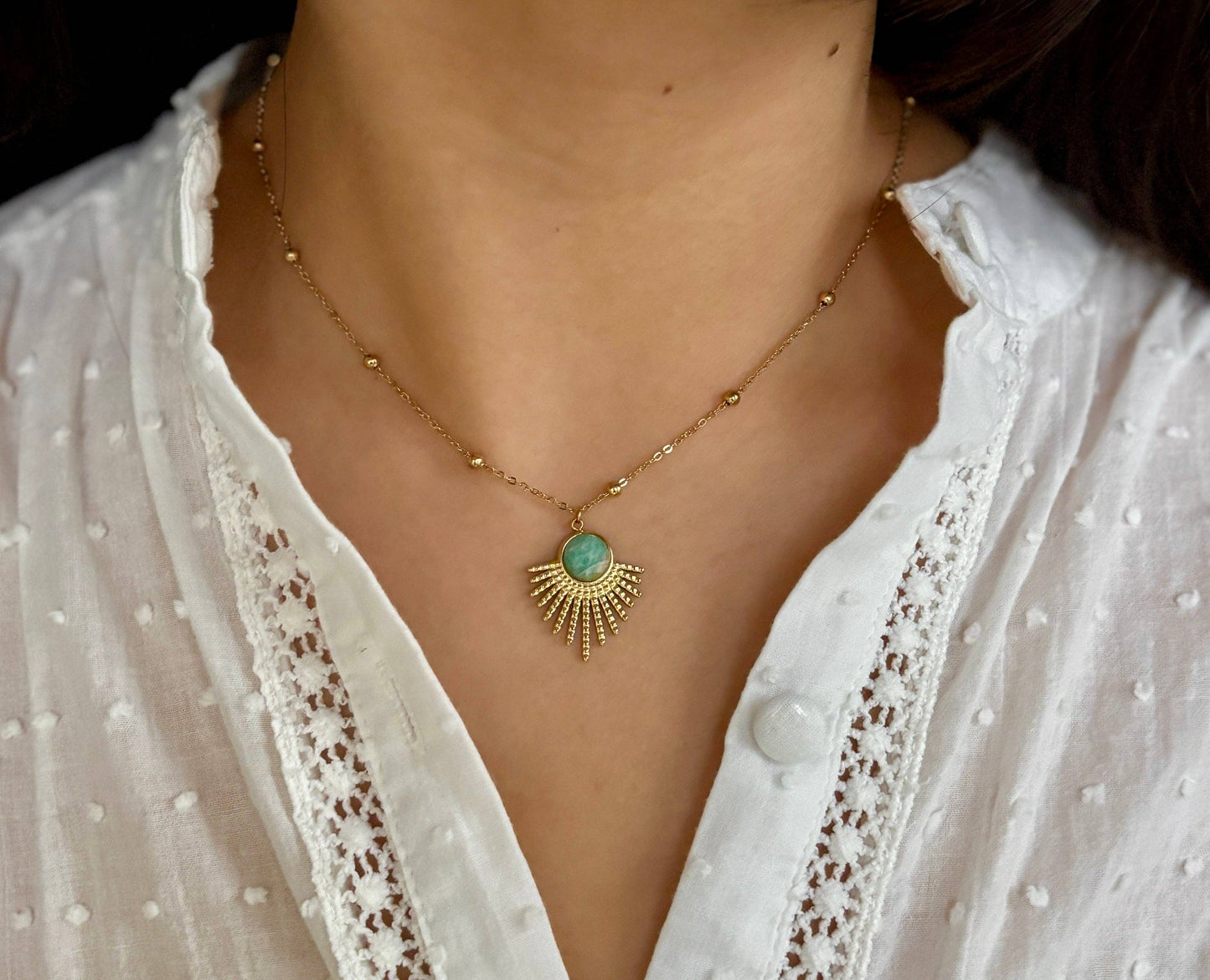 18ct Gold Plated Amazonite Feather Pendant Necklace OR54