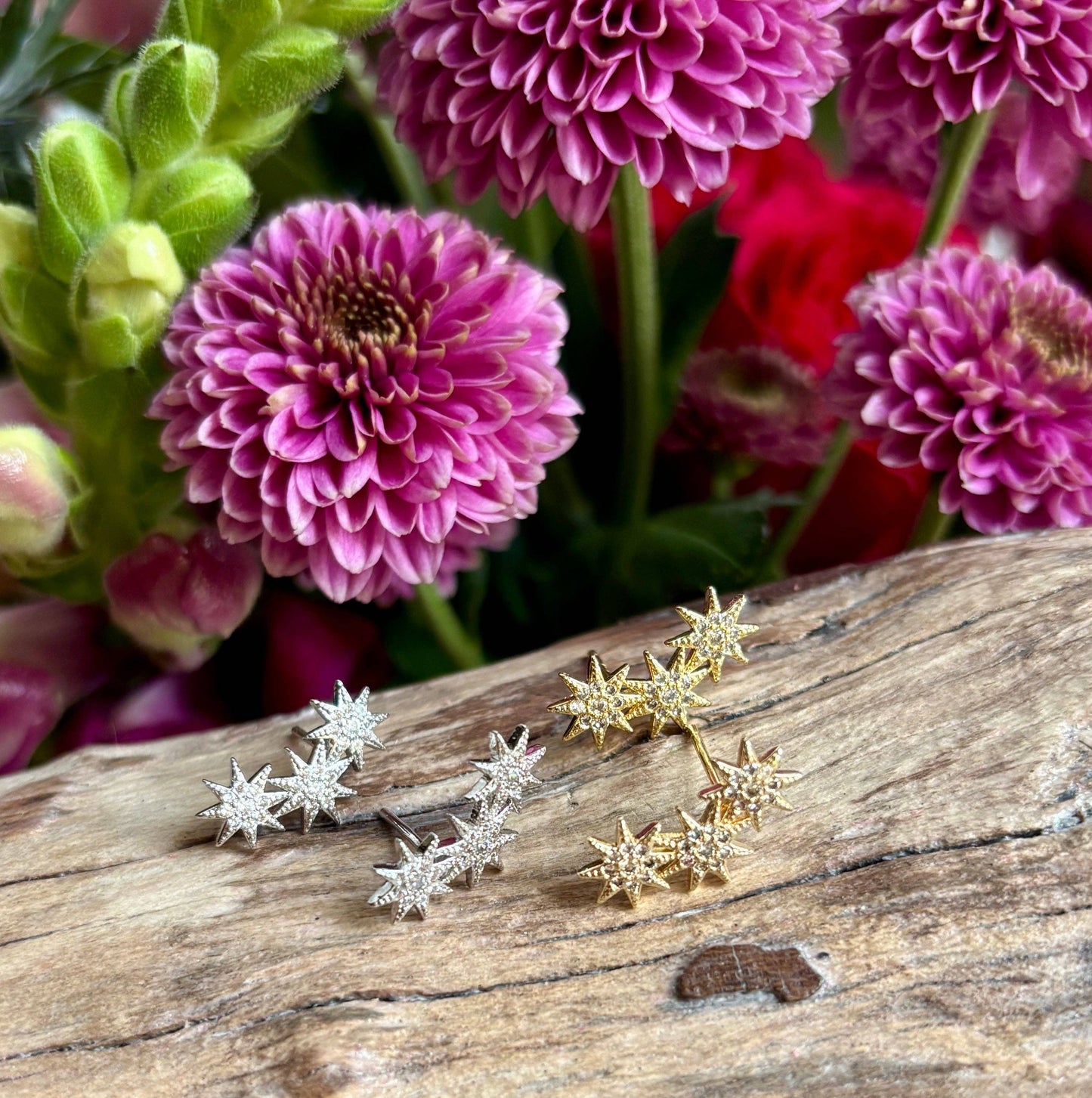 14ct Gold Plated Cubic Zirconia Triple Stars Climber Earrings OR87