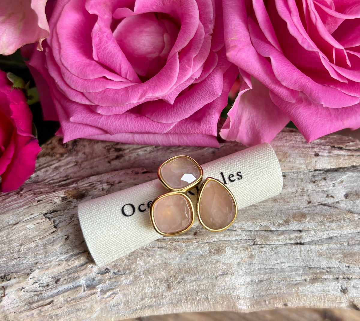 18ct Gold Plated Faceted Rose Quartz Triple Stone Ring OR97