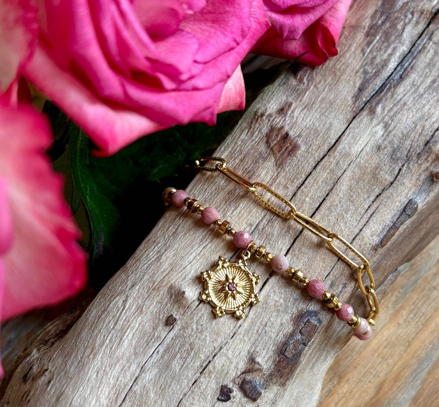 18ct Gold Plated Rhodochrosite Sun Disc Bracelet OR51