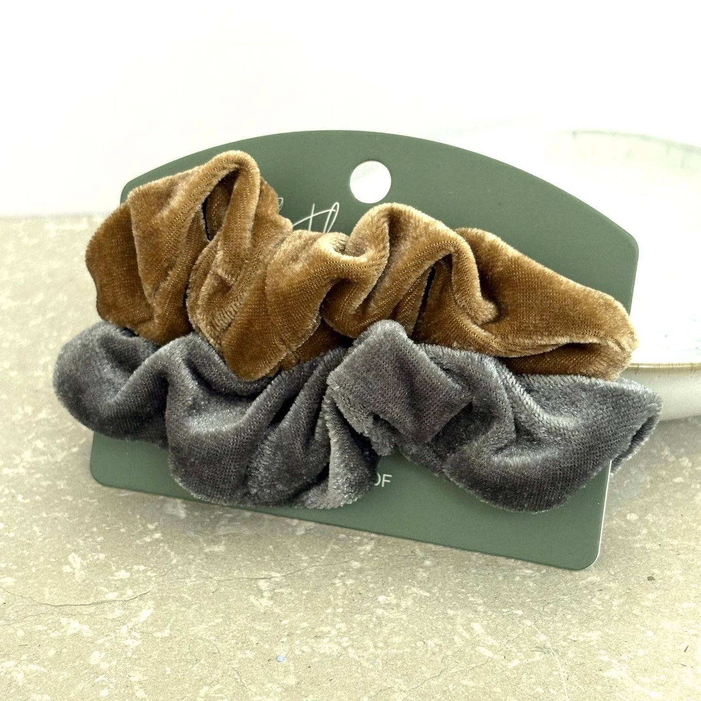 Velvet Scrunchie Duo- Stone & Caramel. FB05