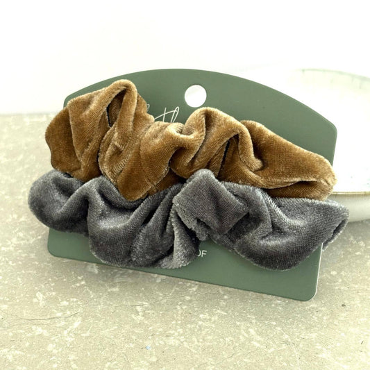 Velvet Scrunchie Duo- Stone & Caramel. FB05